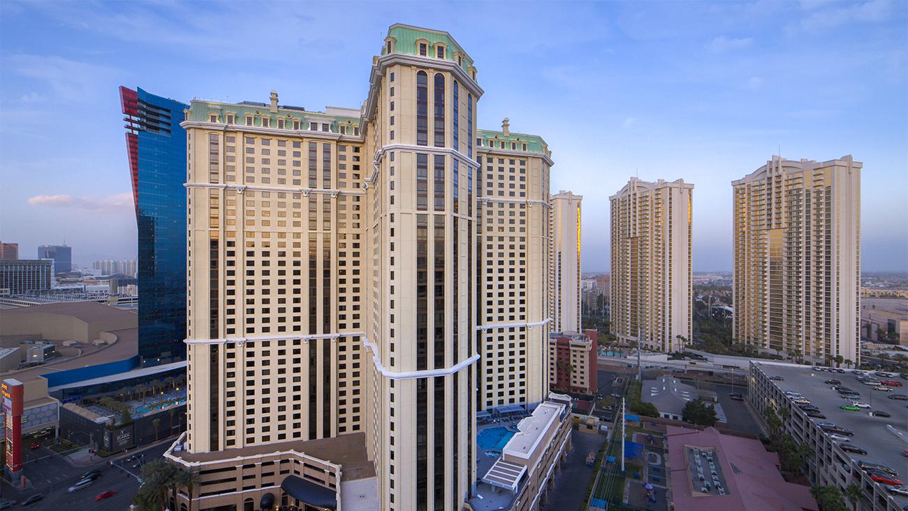 Exterior of Marriott's Grand Chateau resort timeshare in a downtown setting